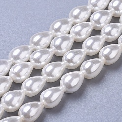 White Polished Shell Pearl Beads Strands, Teardrop, White, 10.5x7.5mm, Hole: 0.7mm, about 37pcs/strand, 15.9 inch(40.5cm)