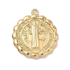 Real 18K Gold Plated 304 Stainless Steel Pendants, Flower with Saint Benedict Pattern Charm, PVD Vacuum Plating, Real 18K Gold Plated, 24.5x22x2.5mm, Hole: 1.6mm