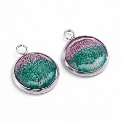 Colorful Printed Resin Pendants, with 304 Stainlesss Steel Settings, Half Round, Faceted, Sea Coral Pattern, Stainless Steel Color, Colorful, 19.5x16x4.5mm, Hole: 2.4mm
