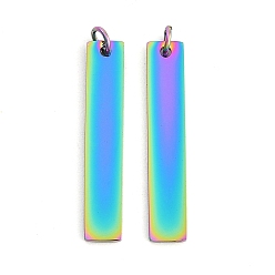 Rainbow Color Ионное покрытие (ip) 304 подвески из нержавеющей стали, с целью перехода в кольце, зеркальная полировка, прямоугольный шарм, штамповка пустой метки, Радуга цветов, 32x6x1.5 мм, отверстие : 3 мм