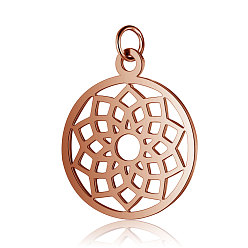 Rose Gold 304 Stainless Steel Pendants, Chakra, Sahasrara, Flat Round with Flower, Rose Gold, 22.5x19x1mm, Hole: 3mm