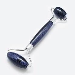 Blue Goldstone Synthetic Blue Goldstone Brass Face Massager, Facial Rollers, Platinum, 146~150x54~58x19~22mm