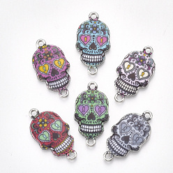 Colorful Printed Alloy Links connectors, with Enamel, Skull, Platinum, Mixed Color, 25.5x13.5x2mm, Hole: 1.6mm