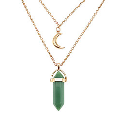 Green Aventurine Natural Green Aventurine Cone Pendant Double Layer Necklace, with Moon Charms, 19.69 inch(50cm)