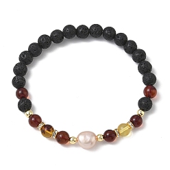 Лавовый камень Эластичные браслеты из натуральной лавовой породы, янтаря и культивированного пресноводного жемчуга для женщин., круглые, С немагнитным синтетическим гематитом, бусины : 7 мм, внутренний диаметр: 2.20 дюйм (5.6 см)