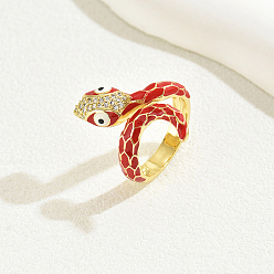 Красный Винтажные латунные кольца-змеи из кубического циркония для женщин, эмалевые манжеты, красные, внутренний диаметр: 16~18 мм