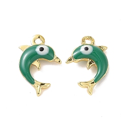 Green Brass Enamel Pendants, Real 18K Gold Plated, Dolphin with Evil Eye, Green, 12.5x8x3mm, Hole: 1mm
