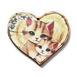 Cat Shape Mother's Day Theme Wooden Pendants, Cat Shape, 39.5x43x2.5mm, Hole: 1.6mm