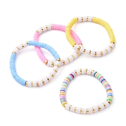 Couleur Mélangete Bracelets élastiques, avec des perles heishi en argile polymère faites à la main et écologiques et des perles en alliage de style tibétain, couleur mixte, diamètre intérieur: 2-1/8 pouce (5.3 cm)