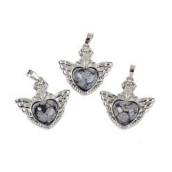 Снежный Обсидиан Естественно снежинка обсидиана подвески, с реечной обшивкой латунными выводами, платина, без кадмия и без свинца, сердце, 33x32.5x6.5 мм, отверстие : 5x8 мм