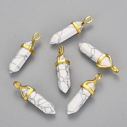 Howlite Synthetic Howlite Double Terminated Pointed Pendants, with Random Alloy Pendant Hexagon Bead Cap Bails, Bullet, Golden, 37~40x12.5x10mm, Hole: 3x4.5mm
