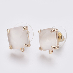 White Faceted Glass Stud Earring Findings, with Loop, Light Gold Plated Brass Findings, Square, White, 11x10x5mm, Hole: 1mm, Pin: 0.8mm