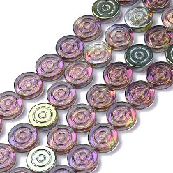 Green Plated Electroplate Transparent Glass Beads Strands, Full Plated, Flat Round with Vortex, Green Plated, 16x4.8mm, Hole: 1.2mm, about 40pcs/strand, 25.20 inch(64cm)