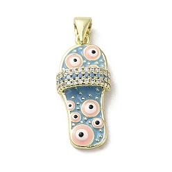 Sky Blue Brass Micro Pave Cubic Zirconia Pendants, with Enamel, Real 18K Gold Plated, Slipper
 with Evil Eye, Sky Blue, 23x10.5x5mm, Hole: 3.5x5.5mm