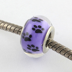 Medium Purple Large Hole Dog Paw Prints Pattern Resin European Beads, with Silver Color Plated Brass Double Cores, Rondelle, Medium Purple, 14x9~10mm, Hole: 5mm