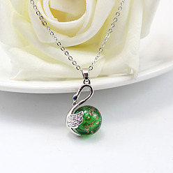 Green Swan with Glass Ball Perfume Bottle Necklace with Brass Chains for Women, Platinum, Green, 19.69 inch(50cm)