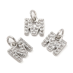 Real Platinum Plated Brass Micro Pave Grade AAA Cubic Zirconia Charms, Letter M, Cadmium Free & Nickel Free & Lead Free, Real Platinum Plated, 8x7x1.5mm, Hole: 2mm