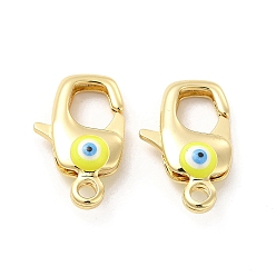 Yellow Brass Lobster Claw Clasps, with Enamel, Real 18K Gold Plated, Long-Lasting Plated, Evil Eye Pattern, Yellow, 20x16x2mm, Hole: 2~3mm