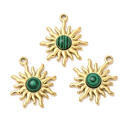Malachite Ion Plating(IP) 316 Stainless Steel Sun Pendants, Synthetic Malachite Sun Charms, Real 24K Gold Plated, 23x20x5mm, Hole: 1.8mm