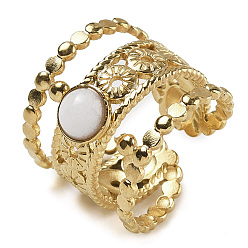 Белый Нефрит Натуральный белый нефрит палец кольца, 304 Многослойные открытые манжетные кольца из нержавеющей стали с ионным покрытием (IP), реальный 18 k позолоченный, 19.5 мм, регулируемый