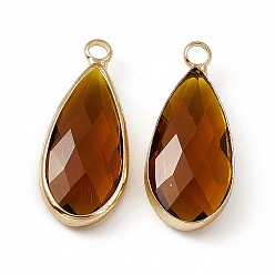 Smoked Topaz K9 Glass Pendants, Teardrop Charms, Faceted, with Light Gold Tone Brass Edge, Smoked Topaz, 24.5x10.5x5.5mm, Hole: 2.3mm