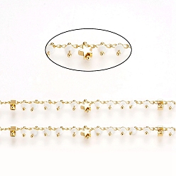 White Handmade Brass Chains, with Faceted Glass Beads, Curb Chains and Star Beads, Long-Lasting Plated, Soldered, with Spool, Golden, White, 2.5x1.5x0.5mm, about 32.8 Feet(10m)/roll