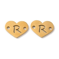 Letter R Ion Plating(IP) 304 Stainless Steel Connector Charms, Heart with Letter, Golden, Letter R, 9x12x1mm, Hole: 1.5mm