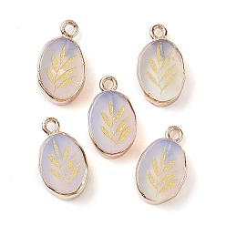 Opalite Opalite Pendants, Golden Plated Brass Oval Charms with Leaf, 17.5x10.5x5mm, Hole: 1.6mm