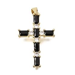 Black Brass Pave Cubic Zirconia Pendants, Cross with Rectangle Charms, Long-Lasting Plated, Cadmium Free & Lead Free, Real 18K Gold Plated, Black, 32.5x20.5x3.5mm, Hole: 4x3.5mm