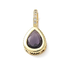 Violeta Oscura Latón pavimenta colgantes de circonio cúbico, encantos de lágrima, larga duración plateado, chapado en rack, sin plomo y el cadmio, real 18 k chapado en oro, violeta oscuro, 21x10x7.8 mm, agujero: 5x7 mm