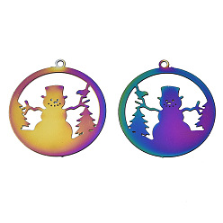 Rainbow Color Christmas Ion Plating(IP) 201 Stainless Steel Filigree Pendants, Etched Metal Embellishments, Ring with Snowman, Rainbow Color, 22x20x0.3mm, Hole: 1.2mm