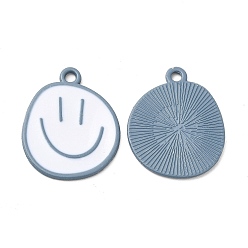 Steel Blue Spray Painted Alloy Pendants, Cadmium Free & Nickel Free & Lead Free, Flat Round with Smiling Face Pattern Charm, Steel Blue, 25x20x1.5mm, Hole: 2mm