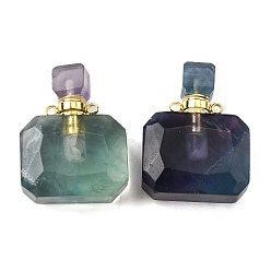 Флюорит Подвески для флаконов духов из натурального флюорита, с 304 фурнитурой из нержавеющей стали, граненые, прямоугольник амулеты, золотые, 33~34x25x11~12 мм, отверстие : 1.9 мм