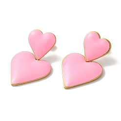 Бледно-Розовый Сердце с золотым ионным покрытием (ip) 304 серьги-гвоздики из нержавеющей стали для женщин, с эмалью, розовый жемчуг, 34x20 мм
