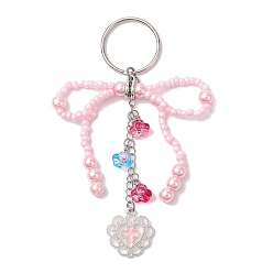 Pearl Pink Glass Seed Bead Keychain, with Iron Split Key Ring and Alloy Enamel Pendants, Pearl Pink, 10.2cm