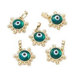 Teal Handmade Evil Eye Lampwork Pendants, with Rack Plating Real 18K Gold Plated Brass Findings, Long-Lasting Plated, Snowflake Charm, Teal, 15x14x4mm, Hole: 4x6.5mm