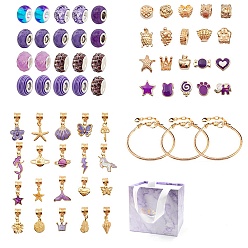 Purple DIY European Bracelet Making Kit, Including Resin & Alloy Large Hole Beads, Brass Bracelets, Alloy Dangle Charm, Unicorn & Tortoise & Star & Heart & Butterfly Shape, Purple, 63Pcs/set