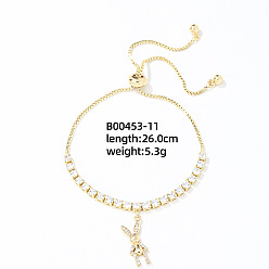 Кролик Прозрачный браслет-слайдер из кубического циркония, браслеты с подвесками из золотой латуни, кролик, 10-1/4 дюйм (26 см)