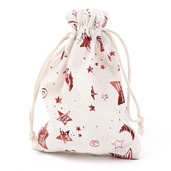 Star Christmas Theme Cotton Fabric Cloth Bag, Drawstring Bags, for Christmas Party Snack Gift Ornaments, Star Pattern, 14x10cm
