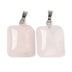 Розовый Кварц Природного розового кварца подвески, с платиновой и латунной фурнитурой, стойки покрытие, прямоугольник амулеты, 25~25.5x17.5~18x7~8 мм, отверстие : 8x5 мм
