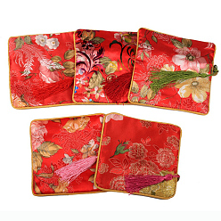 Cramoisi En tissu carré rétro pochettes, avec pompon et motif fleuri, cramoisi, 11.5x11.5 cm