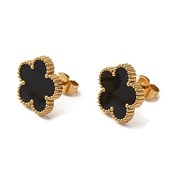 Black Flower Golden 304 Stainless Steel Stud Earrings, with Resin, Black, 13x13mm