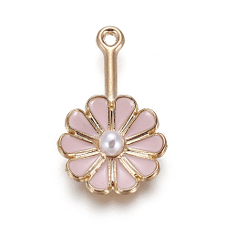 Pink Alloy Enamel Pendants, with Acrylic Imitation Pearl, Flower, Light Gold, Pink, 26x16x5mm, Hole: 1.4mm