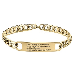 Golden Rectangle with Word Stainless Steel Link Bracelet with Curb Chains, Golden, 8-1/4 inch(21cm)