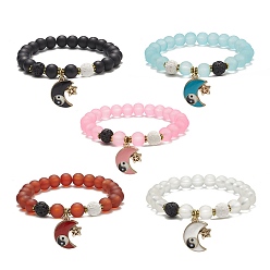 Mixed Color Frosted Glass Bead Stretch Bracelets, Alloy Enamel Moon & Star with Yin Yang Charm Bracelets for Women, Mixed Color, Inner Diameter: 2-1/8 inch(5.3cm)