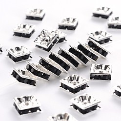 Jet Brass Rhinestone Spacer Beads, Square, Nickel Free, Silver Color Plated, Jet, 8x8x4mm, Hole: 1mm