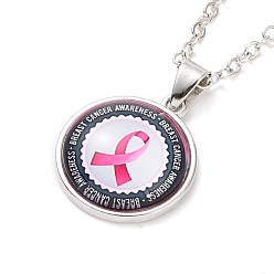 Round Glass Flat Round Pendant Necklace with Brass Chain, Breast Cancer Awareness Ribbon Jewelry for Women, Round Pattern, 18.70 inch(47.5cm)