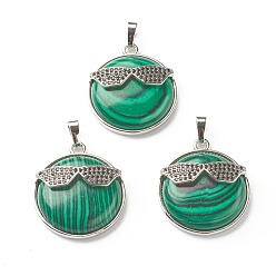 Malachite Synthetic Malachite Pendants, with Platinum Tone Brass Findings, Flat Round with Glasses, 32~32.5x27.5x9mm, Hole: 6.5x5mm