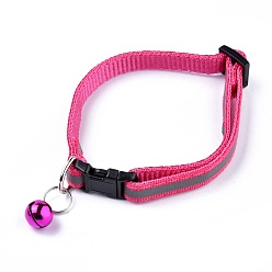 Hot Pink Adjustable Polyester Reflective Dog/Cat Collar, Pet Supplies, with Iron Bell and Polypropylene(PP) Buckle, Hot Pink, 21.5~35x1cm, Fit For 19~32cm Neck Circumference