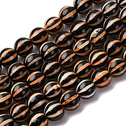 Коралловый Тибетского стиля DZI бисер нитей, бусины из натурального агата с травленой линией, окрашенная и подогревом, круглый с полосатым узором, коралл, 8~8.5 мм, отверстие : 1~1.2 мм, около 48 шт / нитка, 14.96~15.16 дюйм (38~38.5 см)